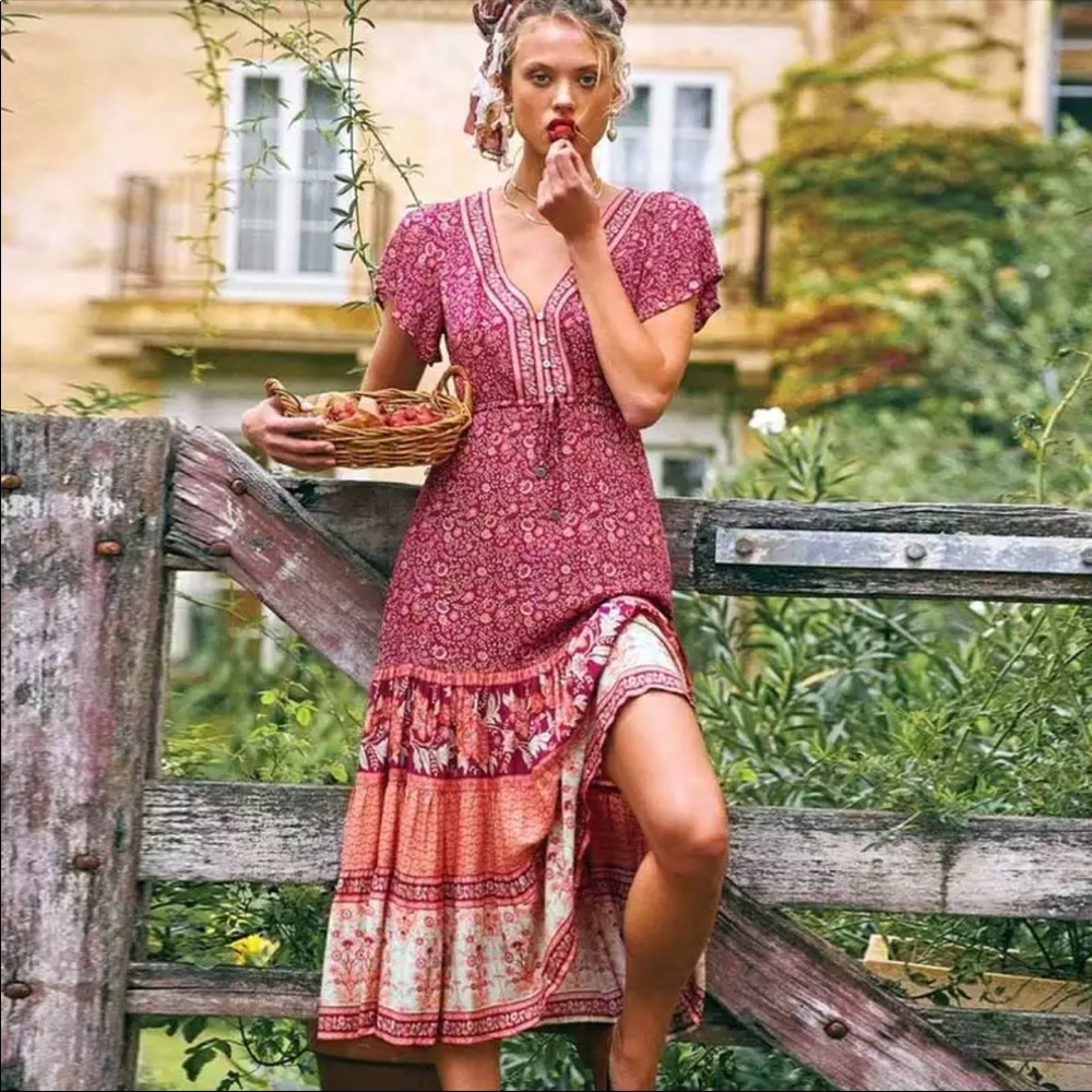 Boho Floral Gypsy Stripe Print Maxi Dress teal - Picture 12 of 16